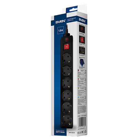 Surge Protector   6 Sockets,  1.8m,  Sven Optima, BLACK, Retail color box, flame-retardant