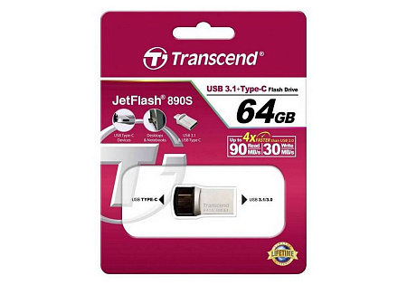 USB Flash накопитель Transcend JetFlash 890, 64Гб, Серебристый