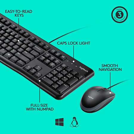 Клавиатура и мышь Logitech MK120, Проводное, Чёрный