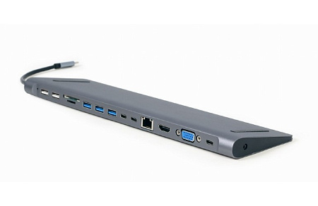 Видеоадаптер Cablexpert A-CM-COMBO9-01, USB Type-C - LAN, VGA, HDMI, USB Type-C, USB Type-A, SD card-reader, Серый