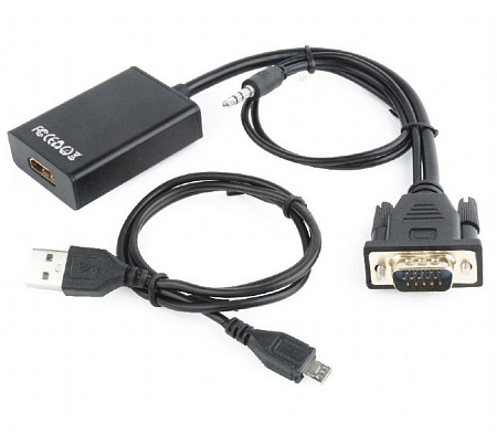 Видео/Audio конвертер Cablexpert A-VGA-HDMI-01, VGA D-Sub + 3.5 mm Jack - HDMI (F), 0,15м, Чёрный