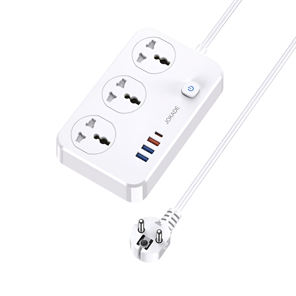 Jokade JB058 3-Outlet Universal Socket with 1C3A USB Ports (EU Plug),1,5M, White