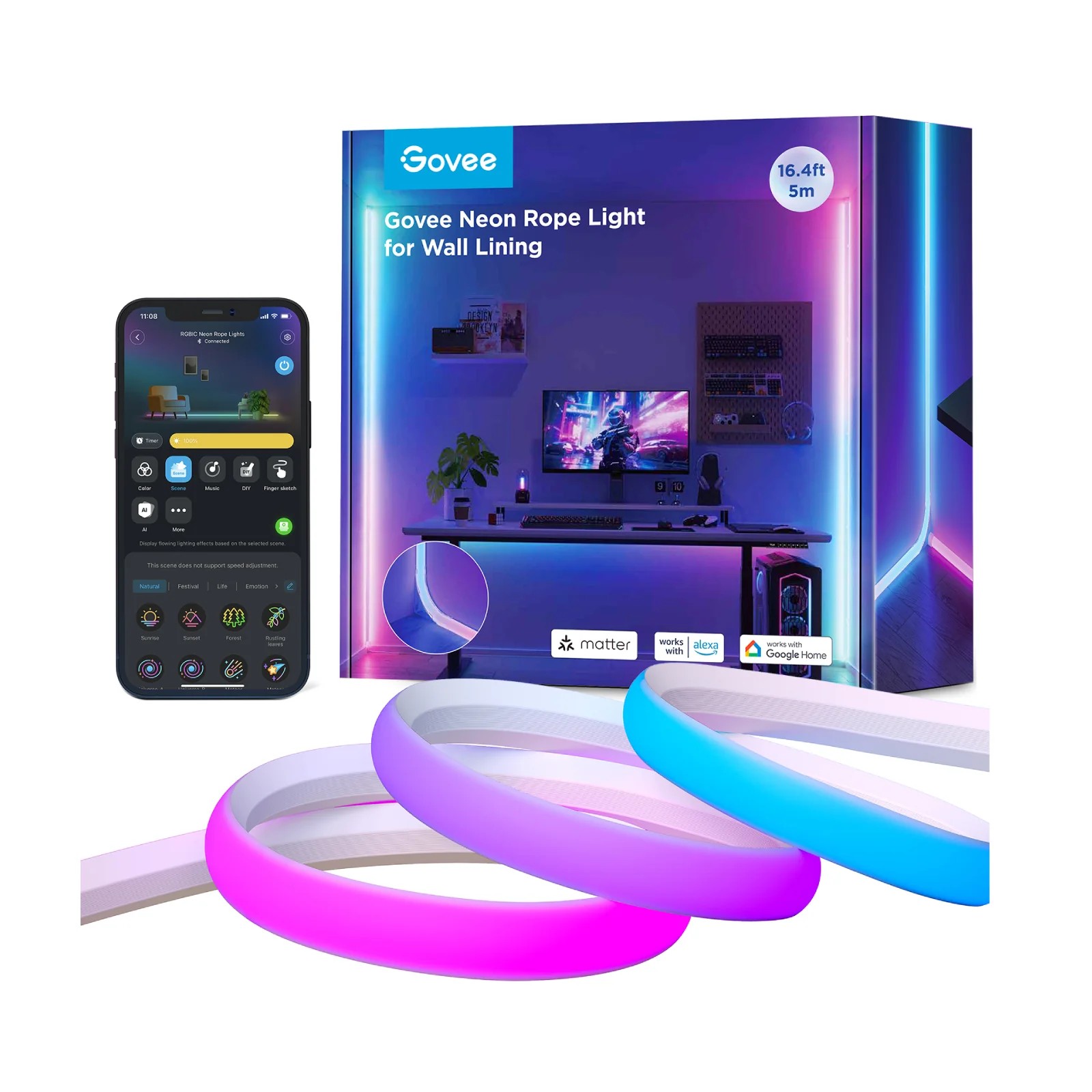 Неоновый шнур для облицовки стен GOVEE Neon Rope Light / 5m / Multicolor / Wi-Fi + BT