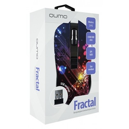 Wireless Mouse Qumo Fractal, Optical, 800-1600 dpi, 4 buttons, Ambidextrous, 1xAA, Black