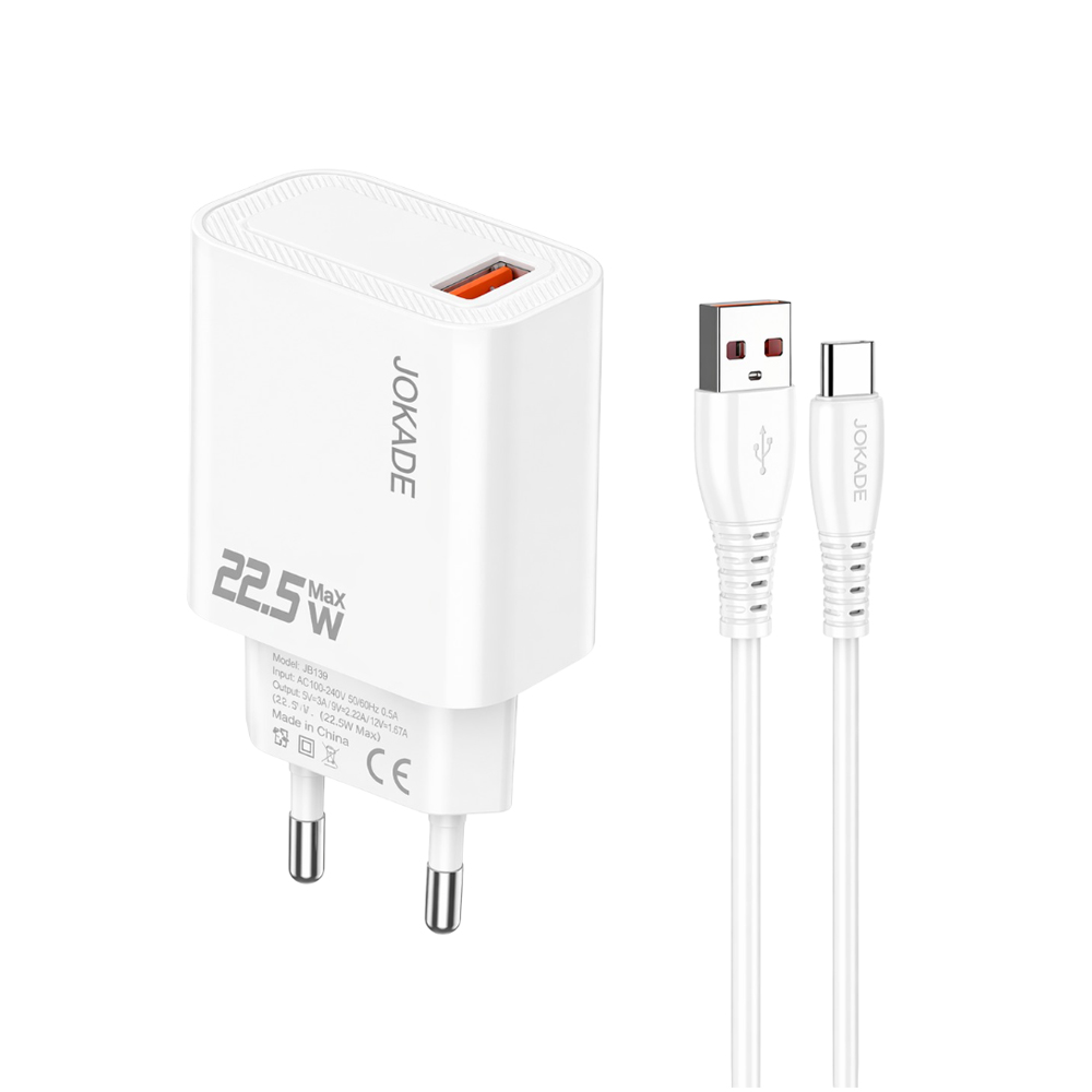 Jokade Wall Charger 1*USB-A with Cable USB-A to Type-C 22,5W Max JB139, White