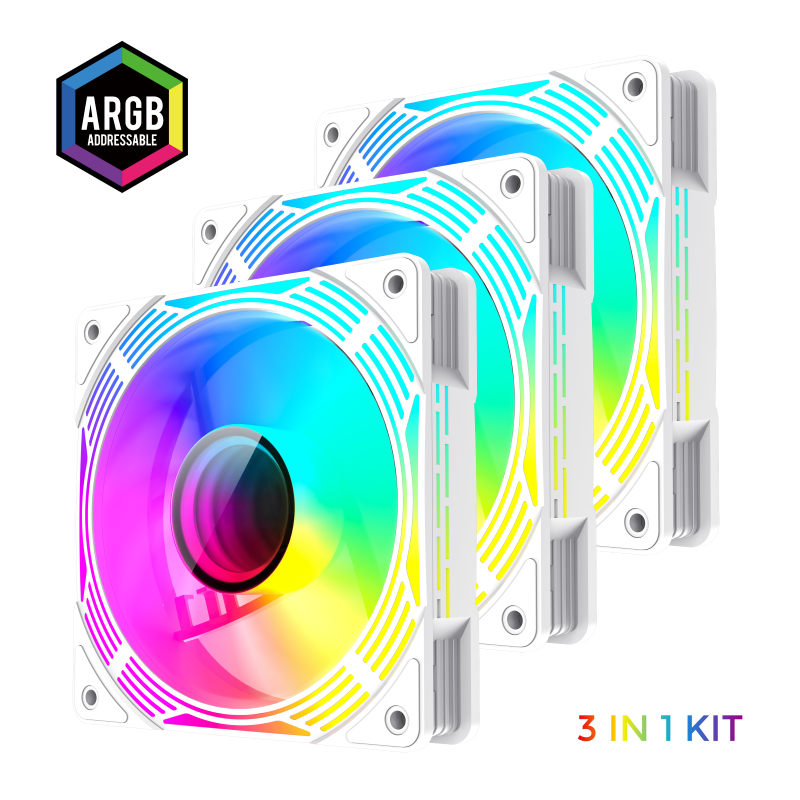 PC Case Fan GAMEMAX KF300 WH, 3xARGB Fan Kit, 120mm, <31.21dB, 800-1600RPM, Remote+ Hub, White
