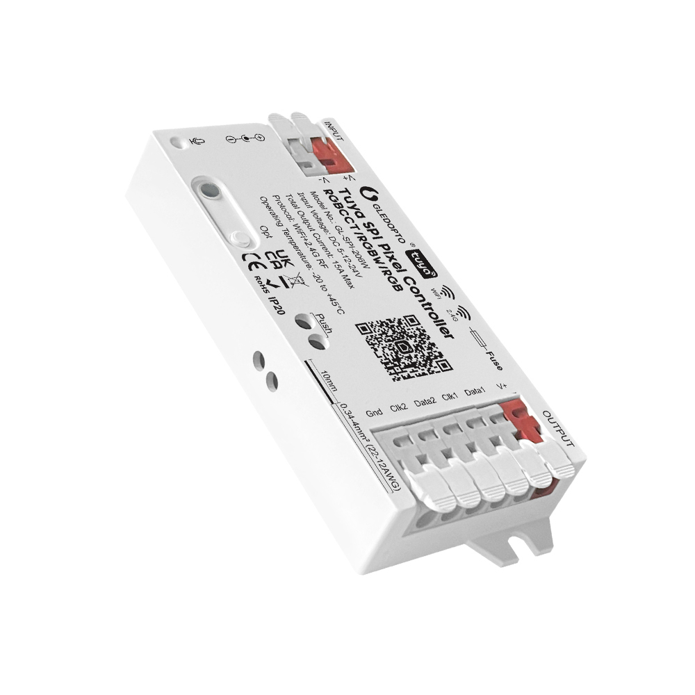 Gledopto Tuya Wi-Fi Pixel LED controller RGB/RGBW/RGBCCT (GL-SPI-206W), DC5~24V, 2*Channels, output signal SPI(TTL)×2 800Kbs, total max 15A output