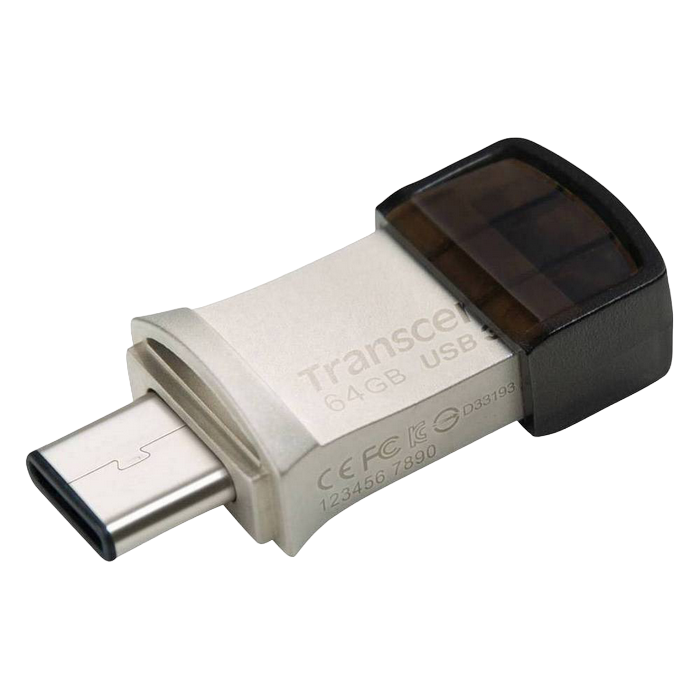   64GB USB3.1/Type-C Flash Drive  Transcend "JetFlash 890", Silver, Metal Case, OTG (R/W:90/30MB/s)
