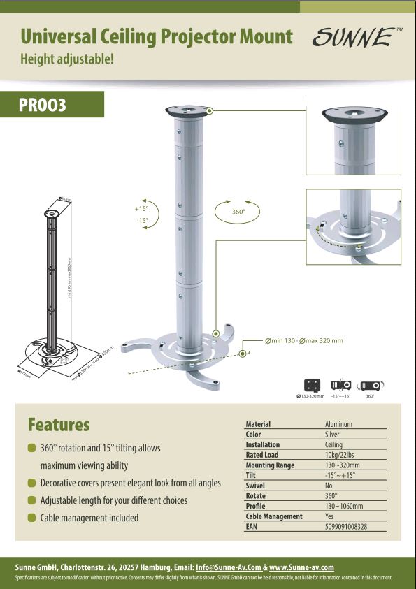 Sunne PRO03S Ceiling Projector Bracket, Ceiling to Projector 8 or 15cm Tilt -15°~+15°, Swivel 360°, max 10kg, universal mounting pattern, клавиатуры ,мышки ,веб камера ,коврики ,флешки , 16gb, 32gb,64gb,128gb,256gb,512,microsd,sd