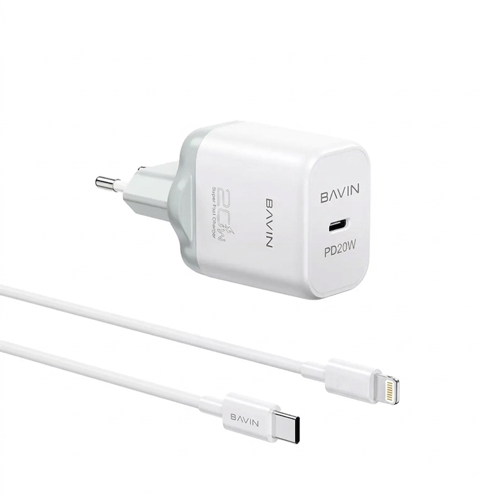 BAVIN Wall Charger PD 20W Fast Charge + Cable Type-C to Lightning, White