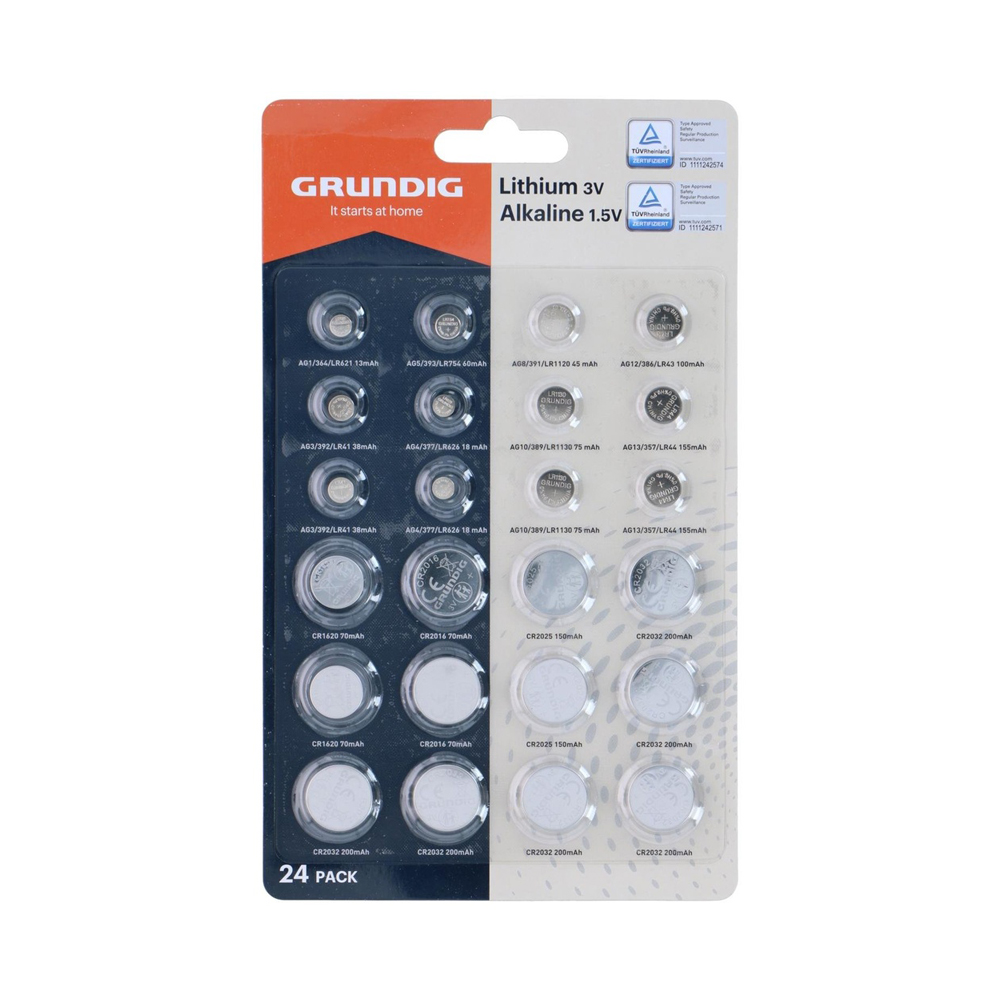 GRUNDIG Set Battery Buttoncell AG1/5/8/12/3/4/10/13 CR1620/2016/2025/2032/2032 24pcs Blister