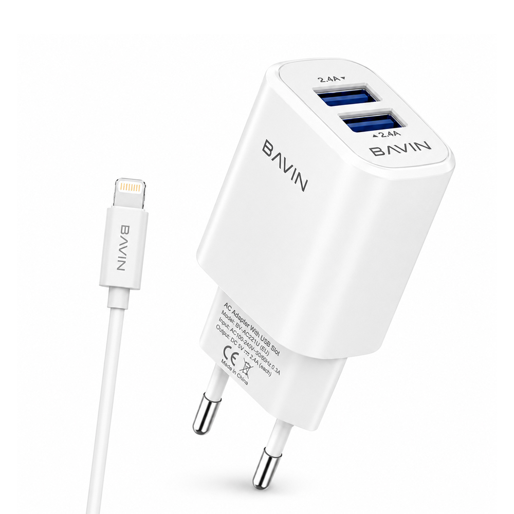 BAVIN Wall Charger Dual USB 2.4A + Cable Lightning, White