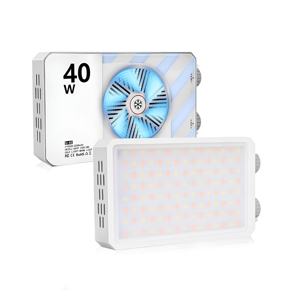 Portable LED Video Light 40W, Bi-Color (2500K-9000K), Rechargeable Battery, White