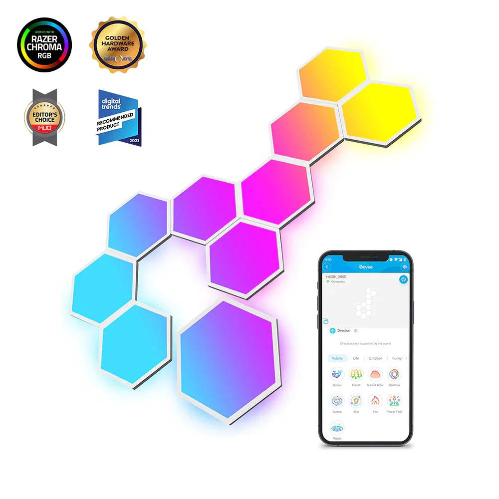 Шестиугольные световые панели GOVEE Glide Hexa Light Panels / 10 Pack / Wi-Fi + BT / Multicolor