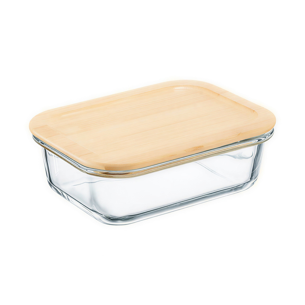 Ambition, Rectangular Borosilicate Glass Container With Bamboo Cover, Natural, 600 Ml, Glass, Wood