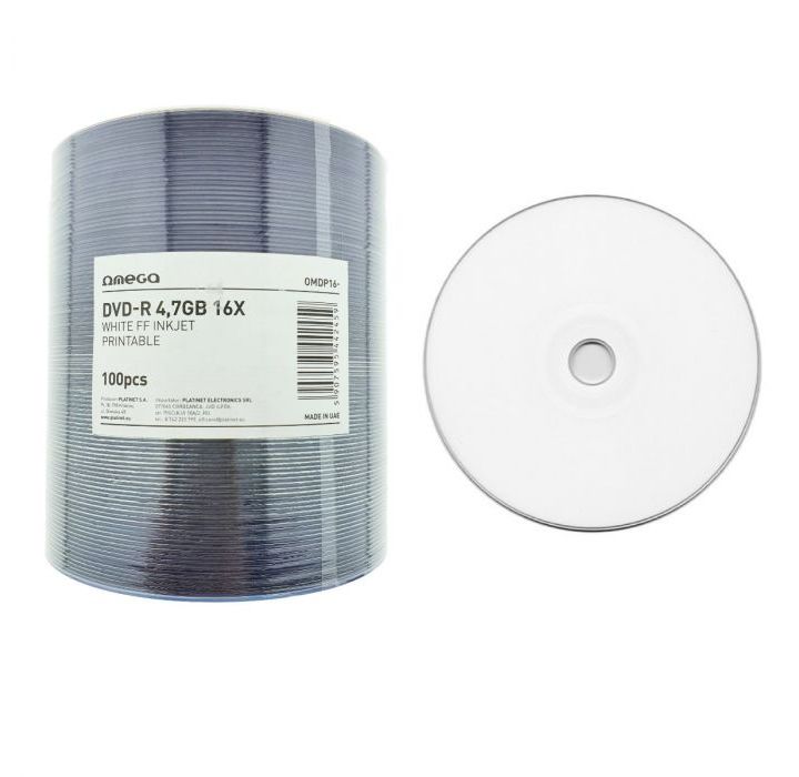 Printable 100*Spindle DVD-R 4.7GB, 16x, Omega, FF White Inkjet