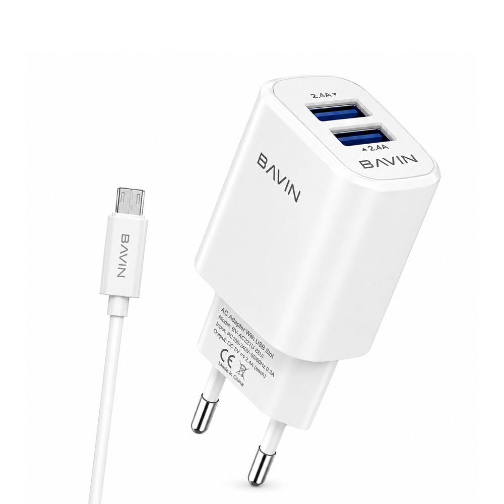 BAVIN Wall Charger Dual USB 2.4A + Cable Micro-USB, White