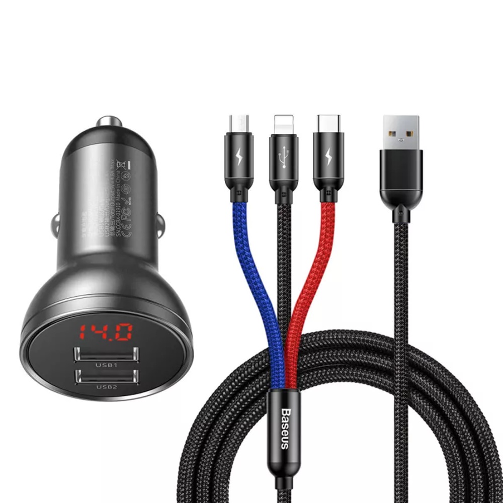 Baseus Car Charger 2xUSB Fast Charge 24W (with Cable 3 in 1), Black Suit Grey