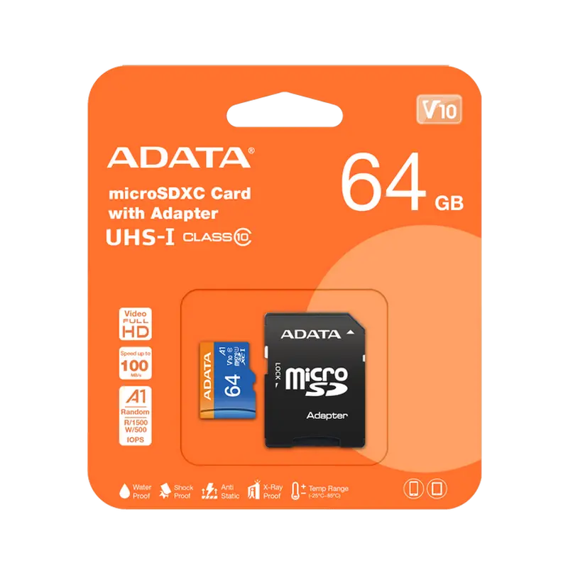 Карта памяти ADATA Premier MicroSDXC, 64Гб (AUSDX64GUICL10A1-RA1)