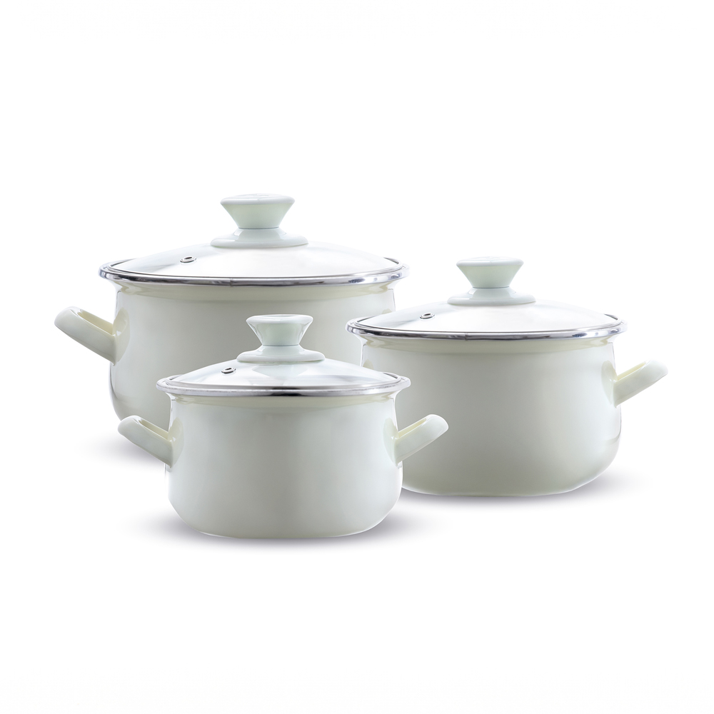 Emalia Olkusz, Set Of 6 Enameled Pots With Glass Lid, 14,16,18 Cm, Enameled Steel