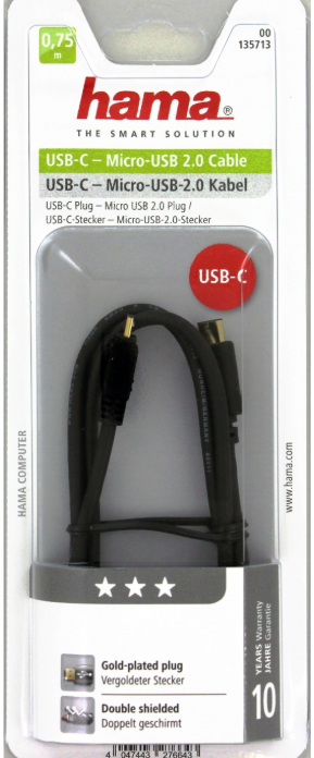 Hama 135713 USB-C Adapter Cable, USB-C plug - micro US 2.0 plug, gold-plated, 0.75 m,usb ,micro ,iphone, 3.5, tupe-c, тюльпаны