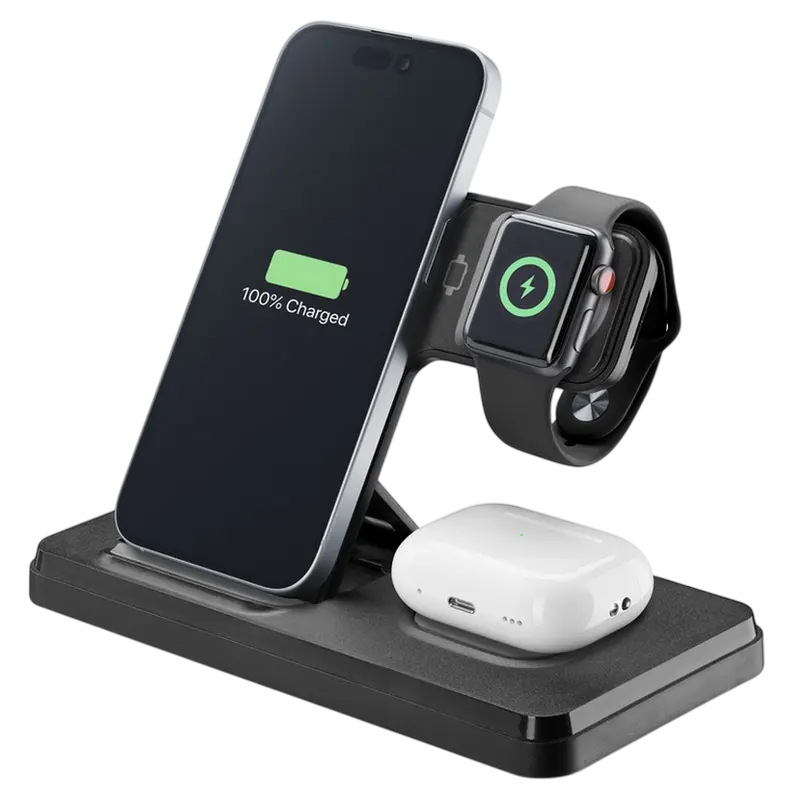 Беспроводная зарядка Cellularline Triple Station 3 in 1, 15Вт, Чёрный,usb ,micro ,iphone, 3.5, tupe-c, тюльпаны