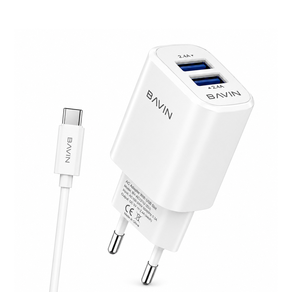 BAVIN Wall Charger Dual USB 2.4A + Cable Type-C, White