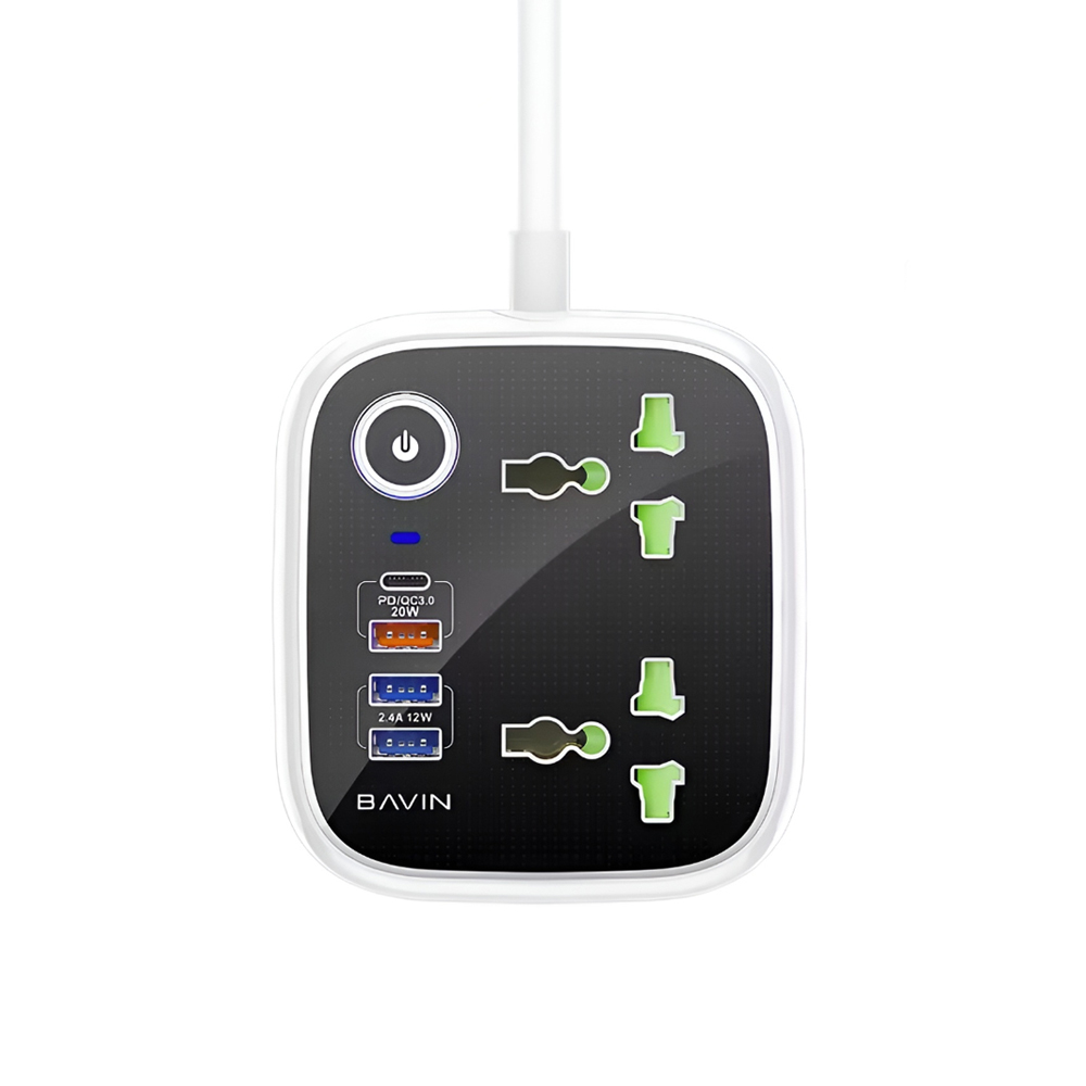 BAVIN Power Socket, 3 Outlets + 1 Type-C PD 20W + 3 USB QC 3.0, Child Protection, 1.5m, Black