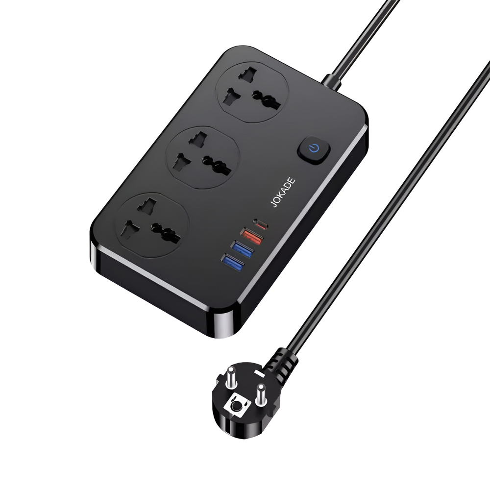 Jokade JB058 3-Outlet Universal Socket with 1C3A USB Ports (EU Plug), 1,5M, Black