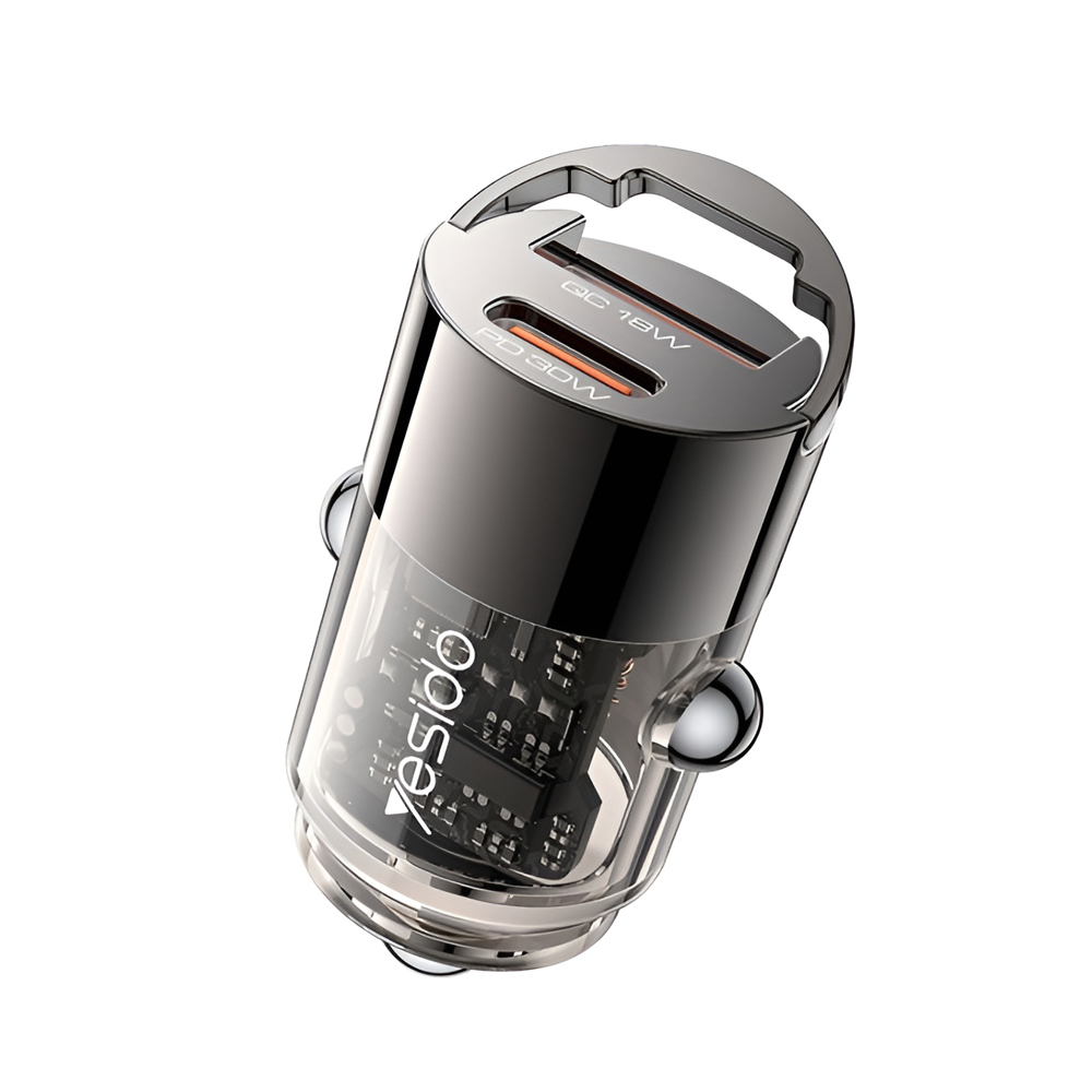 Yesido Car Charger Dual Port 1*USB-A+1*Type-C 30W 2.4A, Black