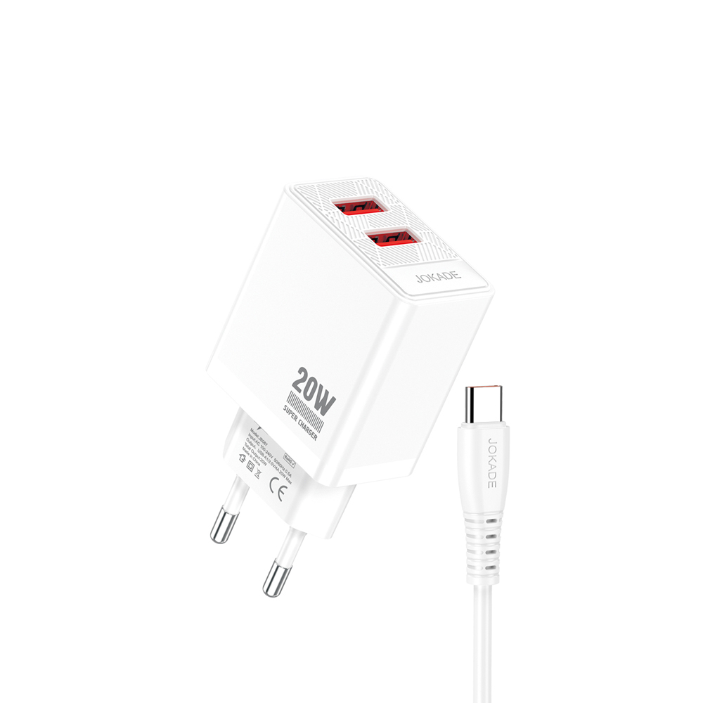 Jokade Wall Charger 2*USB-A 5A,20W with Cable Type-C JB088, White