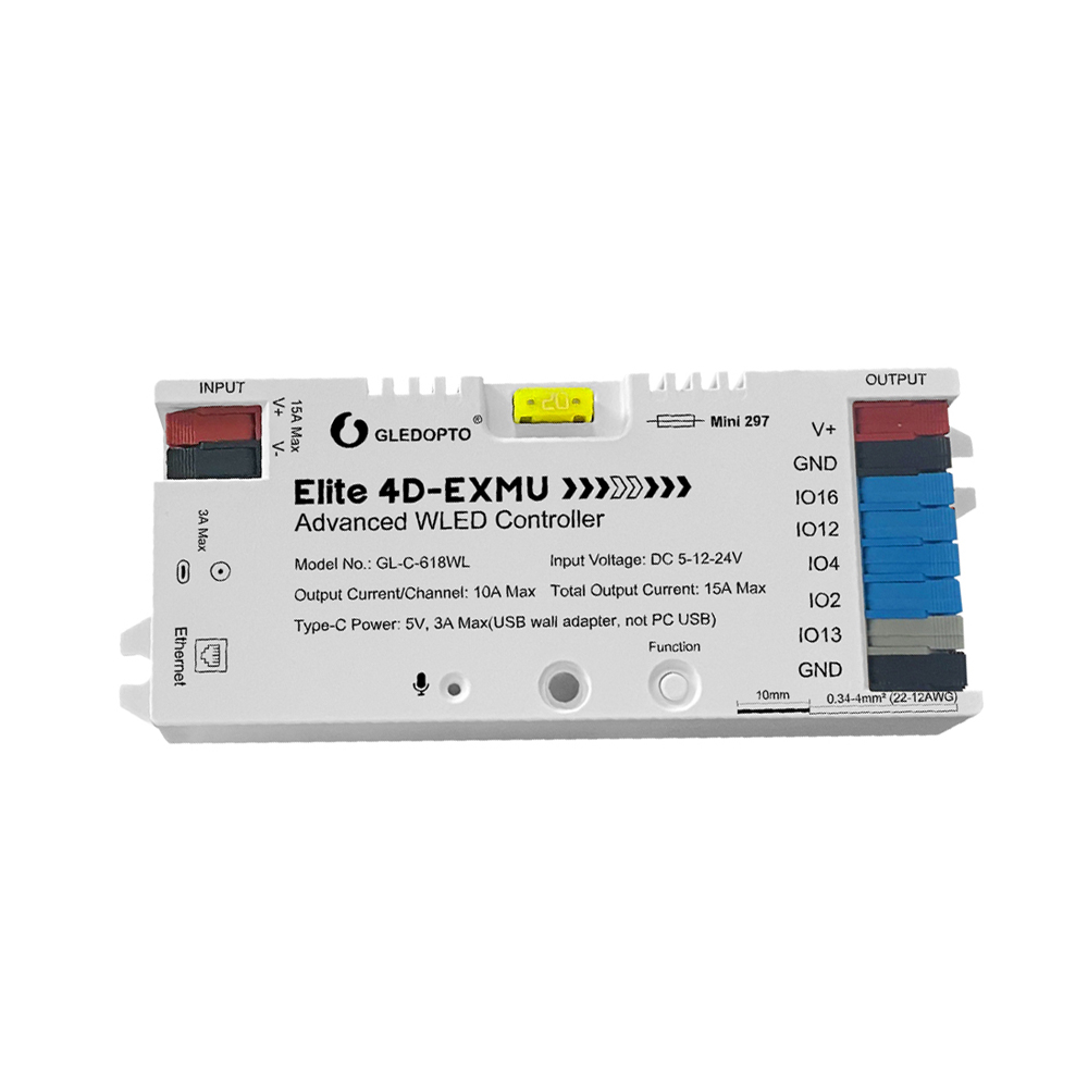 Gledopto Elite 4D-EXMU Advanced ESP32 WLED Digital LED Controller RGB/RGBW/RGBCCT with 4-output, LAN (GL-C-618WL), DC5~24V,max 15A output, max 800ICs