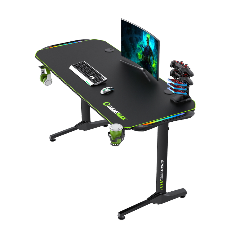 Gaming Desk Gamemax D140-Carbon RGB, 140x60x75cm, Headsets hook, Cup holder, Cable managment, RGB Le