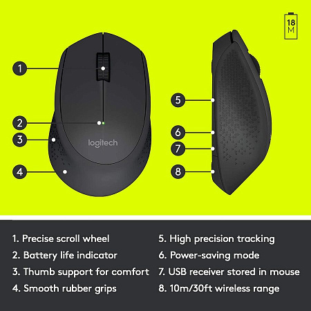 Wireless Mouse Logitech M330 Silent Plus, 1000 dpi, 3 buttons, Ergonomic, 78g., 1xAA, 2,4Ghz, Black Wireless Mouse Logitech M330 Silent Plus, 1000 dpi, 3 buttons, Ergonomic, 78g., 1xAA, 2,4Ghz, Black