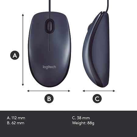 Mouse Logitech B100 OEM, 1000 dpi, 3 buttons, Ambidextrous, 90g, 1,8m, USB, Black Mouse Logitech B100 OEM, 1000 dpi, 3 buttons, Ambidextrous, 90g, 1,8m, USB, Black