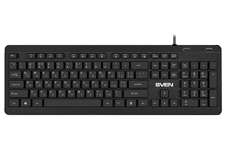 Keyboard SVEN KB-E5700H, Fn keys, Slim design, Splash proof, 2xUSB ports, 1.5m, USB, EN/RU, Black