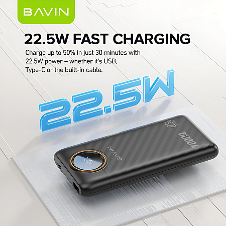 BAVIN Power Bank 10000mAh, 22.5W Fast Charging, Built-in Dual Cables, LED Display, Black