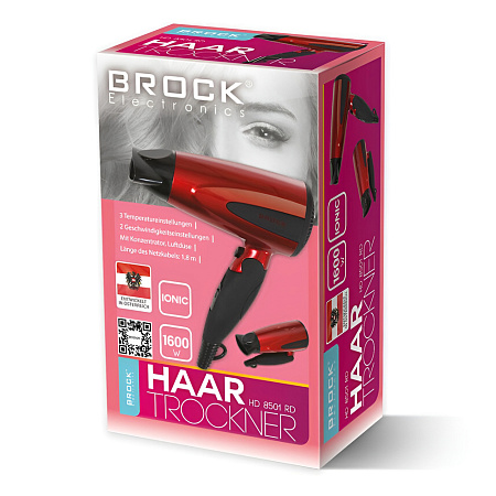 BROCK Hairdryer HD 8501 RD, 1200-1600W, Red BROCK Hairdryer HD 8501 RD, 1200-1600W, Red