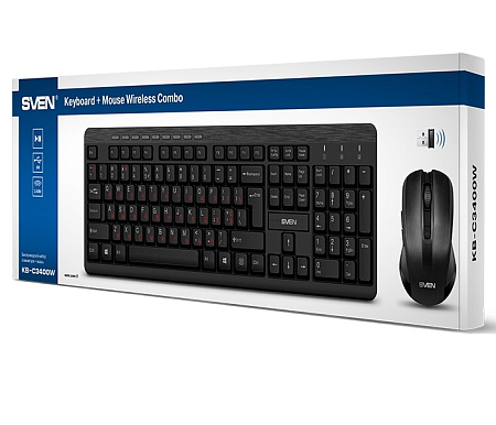 Wireless Keyboard & Mouse SVEN KB-C3400W, Multimedia, Splash proof, 1600 dpi, 6 buttons, Ambidextrou