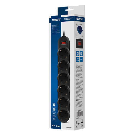 Surge Protector   6 Sockets,  3.0m,  Sven "SF-06L", BLACK, Retail color box, flame-retardant