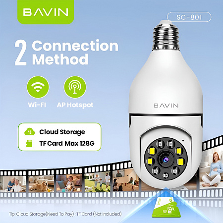 BAVIN E27 Bulb Smart Security Camera 3MP, 2.4GHz Wi-Fi, PTZ (355°/90°), Color Night Vision, White