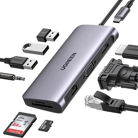 UGREEN Docking Station 10in1 USB-C to 1*HDMI 4K@30Hz + 1*VGA + 3*USB-A3.0 + 1*LAN + 1*SD + 1*TF + 3.5mm Losless + PD 100W | CM681, Gray