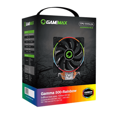 AC Gamemax "Gamma 500-Rainbow" (<26.3dBA, 1000-1800RPM, 51.18CFM, 120mm, RGB, 5x6mm, 187W, 600g.)