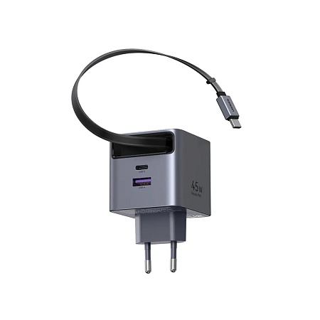 UGREEN GaN Quick Charger 1*Type-C + 1*USB-A with Cable Type-C Retractable, 45W, Black | X614