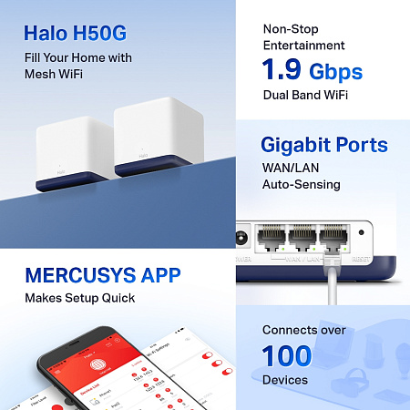 Whole-Home Mesh Dual Band Wi-Fi AC System MERCUSYS, "Halo H50G(2-pack)", 1900Mbps,MU-MIMO,Gbit Ports