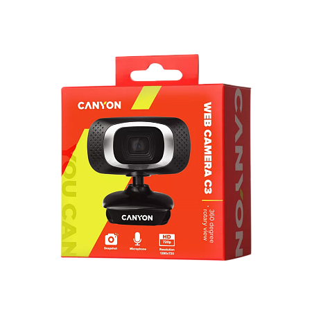 PC Camera Canyon C3, 720P, Sensor 1 MP (12 MP by software), FoV 60°, Microphone, Black/Silver