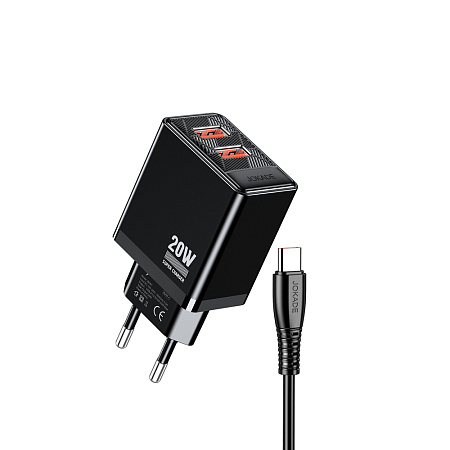 Jokade Wall Charger 2*USB-A 5A,20W with Cable Type-C JB088, Black Jokade Wall Charger 2*USB-A 5A,20W with Cable Type-C JB088, Black