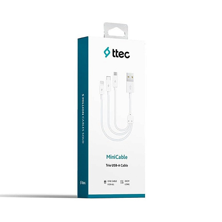 ttec Cable USB 3in1 to Micro-USB+Type-C+Lightning Trio 2.1A,1.2m, Black