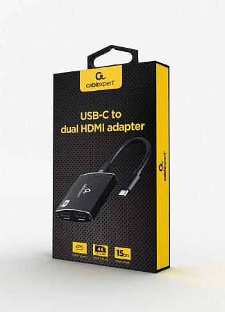 Adapter  Type-C to 2*HDMI socket 0.15m Cablexpert, up to 4K at 30 Hz  A-CM-HDMIF2-01