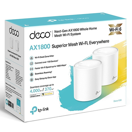 Whole-Home Mesh Dual Band Wi-Fi 6 System TP-LINK, "Deco X20(2-pack)", 1800Mbps, MU-MIMO, Gbit Ports